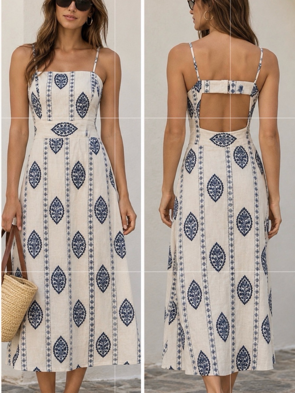 ZARA Ecru Blue Embroidered Cut Out Midi Dress Size L NWT